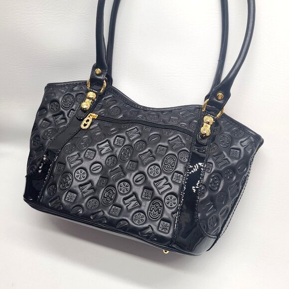 Marino Orlandi Black Embossed Leather Satchel Shoulder Bag Goldtone Zipper Italy - Picture 5 of 16